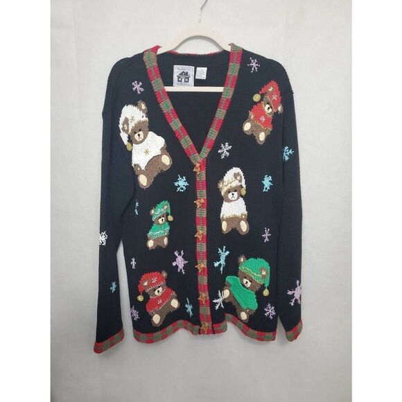 Storybook Knits Sweaters - Storybook Knits Vintage Christmas Teddy Bears Ugly Cardigan V Neck Sweater